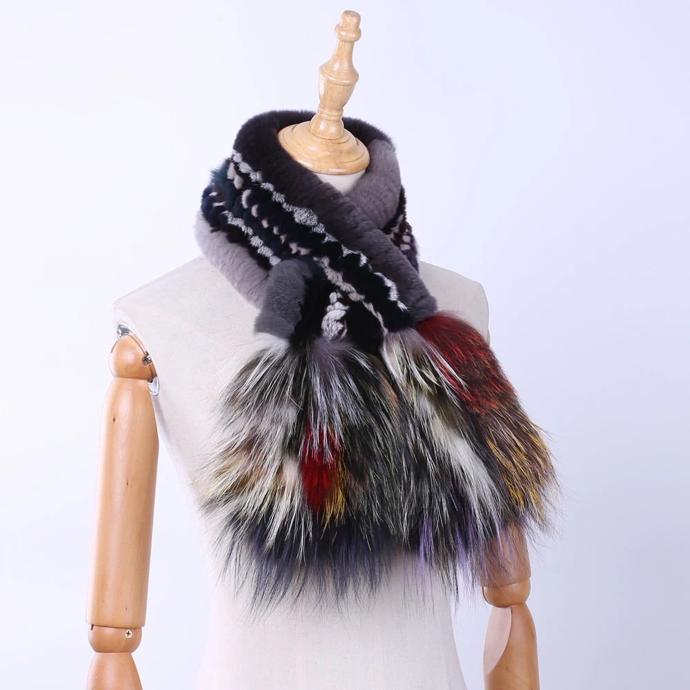 Brand New Genuine Real Rex Rabbit Fur Women's Fashion Fur Scarf Scarves Silver Fox Fur Knitted Wraps Multicolor Winter Warm