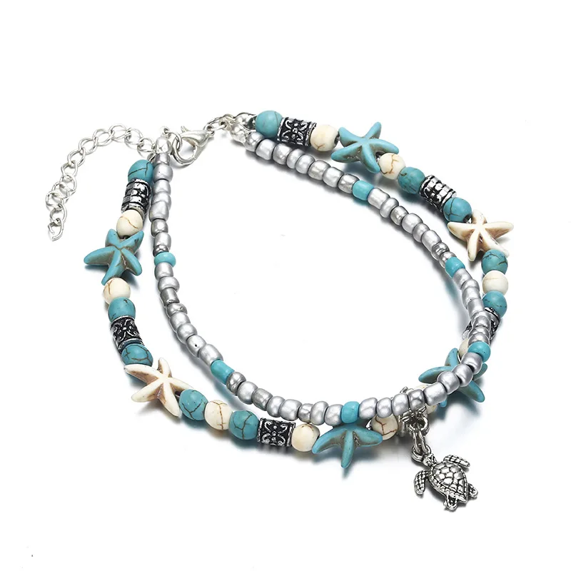 

Cross Border Hot Selling Double Layer Europe And America Anklet Retro Starfish Bead Tortoise Shell Star Elephant Pendant Foot Or