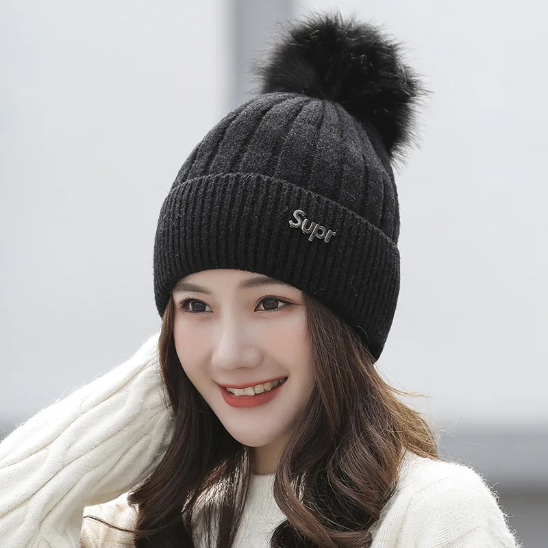 Women Winter Thicken Alphabet embroidery Flanging Warm Ear protectors Little bee Pompom knit hat Female Skull Beanies cap Z205 - Color: Black03