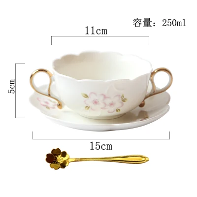 Романтическая вишневая Цветочная рельефная керамическая молочная чашка кофейные чашки с ложкой бинауральная суповая миска для десерта птичья Хрустальная чаша с бабочкой - Цвет: B
