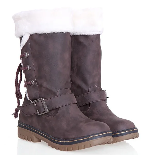 New Women Boots Platform Women Leather Belt buckle Sexy casual mid-tube women's boots Lace up Round Toe Winter Ladies Warm Shoes