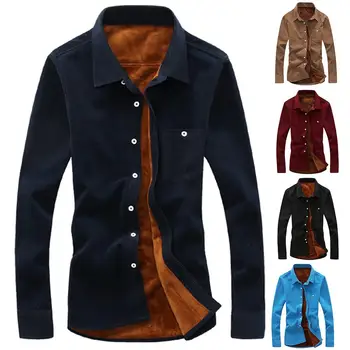 

Plus Size Mens Casual Long Sleeve Fleece Lining Corduroy Warm Quality Solid Shirt Male Social Business Button Down Dress Shirts