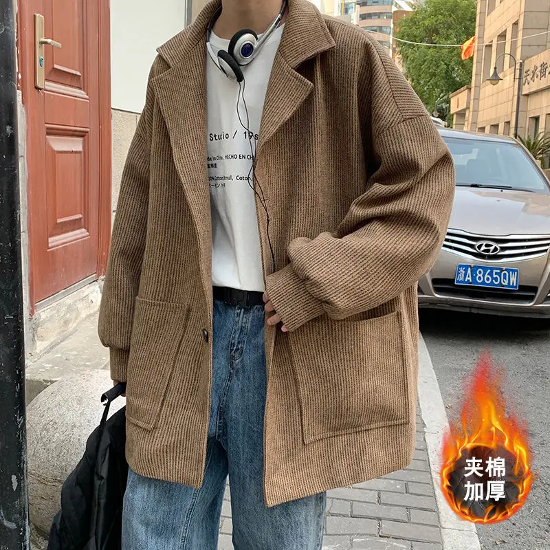 

Men's coat 2020 Autumn winter new slim solid color thickened button coat casual lapel personality youth men's wear