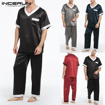 

INCERUN Men Pajamas Sets Patchwork Nightwear Soft Short Sleeve Leisure V Neck Tops Long Pants 2020 Men Sleepwear Sets Loungewear