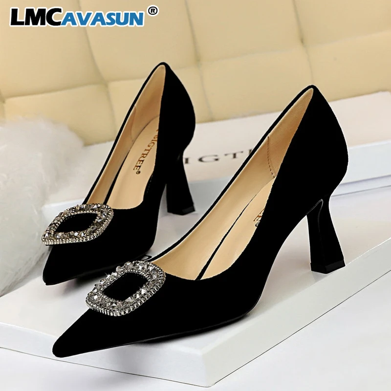 

LMCAVASUN New 2020 Spring Women Pumps Elegant Rhinestone Suede High Heels Shoes Sexy Thin Pointed Rhinestone buckl Single Shoes