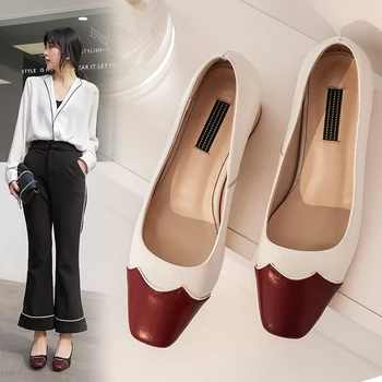 

INS women pumps Natural leather plus size 22-26.5cm ladies shoes Internet celebrity single shoes Color-blocking Brock shoes