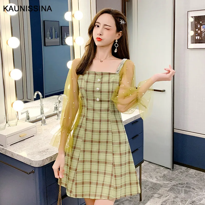 KAUNISSINA, милые коктейльные платья, корейские короткие Клубные вечерние платья с длинным рукавом и квадратным воротником, клетчатые модные коктейльные платья