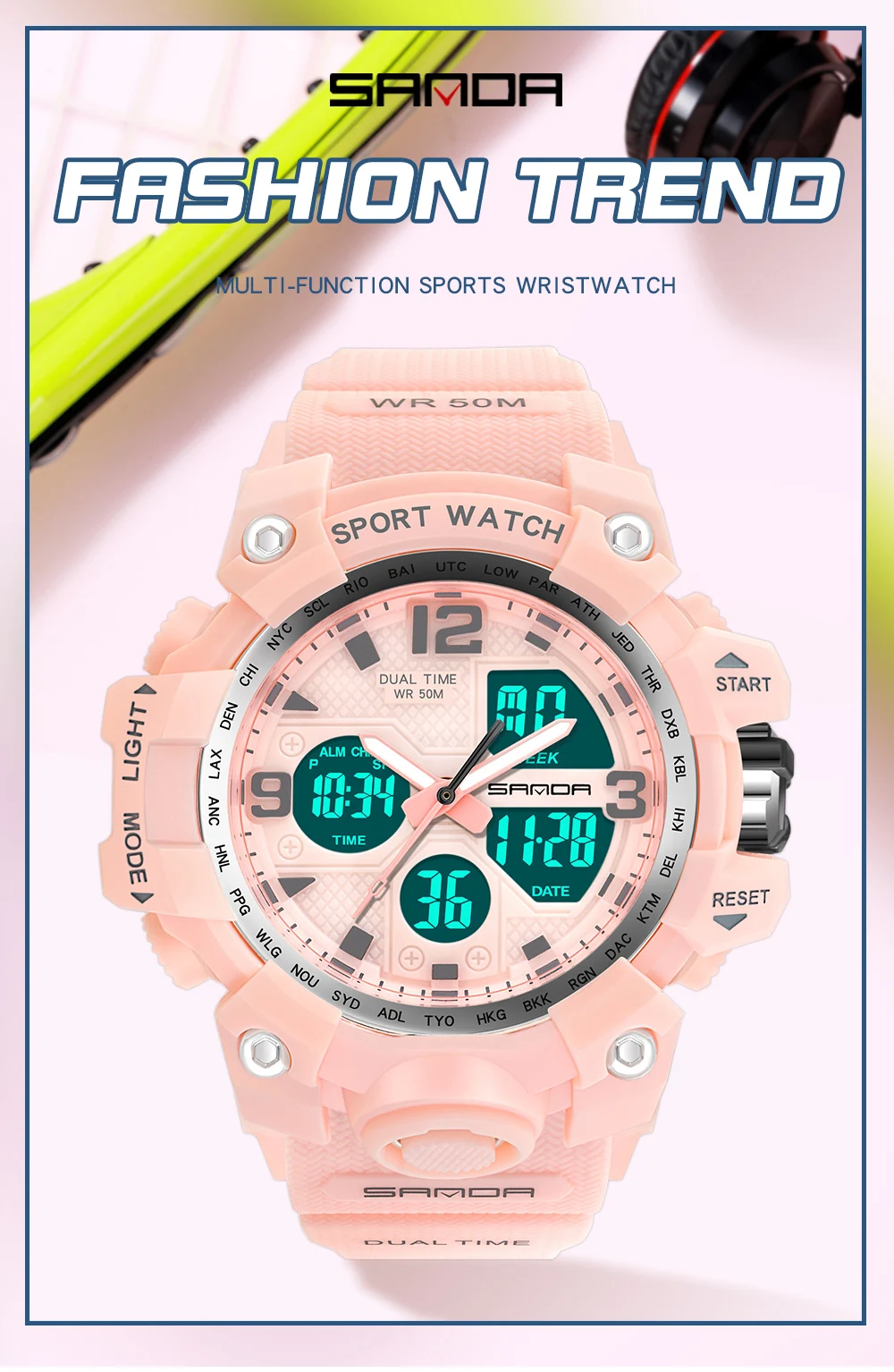 SANDA Sports Women's Watches Fashion Analog Digital Wristwatch Multifunction Waterproof Watch Casual Clock Relogio Feminino 942