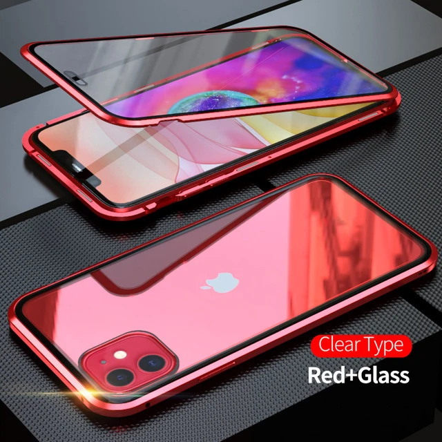 Red Металлический бампер чехол из закаленного стекла для iPhone 7 11 Pro Max 8 X XS MAX XR 6S Plus Магнитный чехол для телефона USB Кабель зарядного устройства для iPhone - Цвет: Red