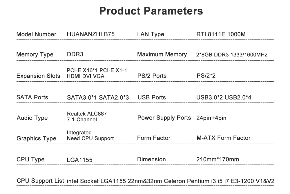 Huanan Zhi B75 M-ATX материнская плата B75 для Intel LGA 1155 i3 i5 i7 E3 DDR3 1333/1600 МГц 16 Гб SATA3.0 USB3.0 PCI-E VGA HDMI