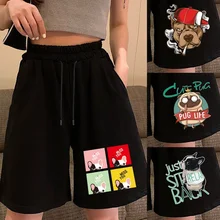 Mulheres shorts casuais bonito do cão impresso workout calças curtas verão shorts cintura feminino elástico magro senhoras praia em casa curto