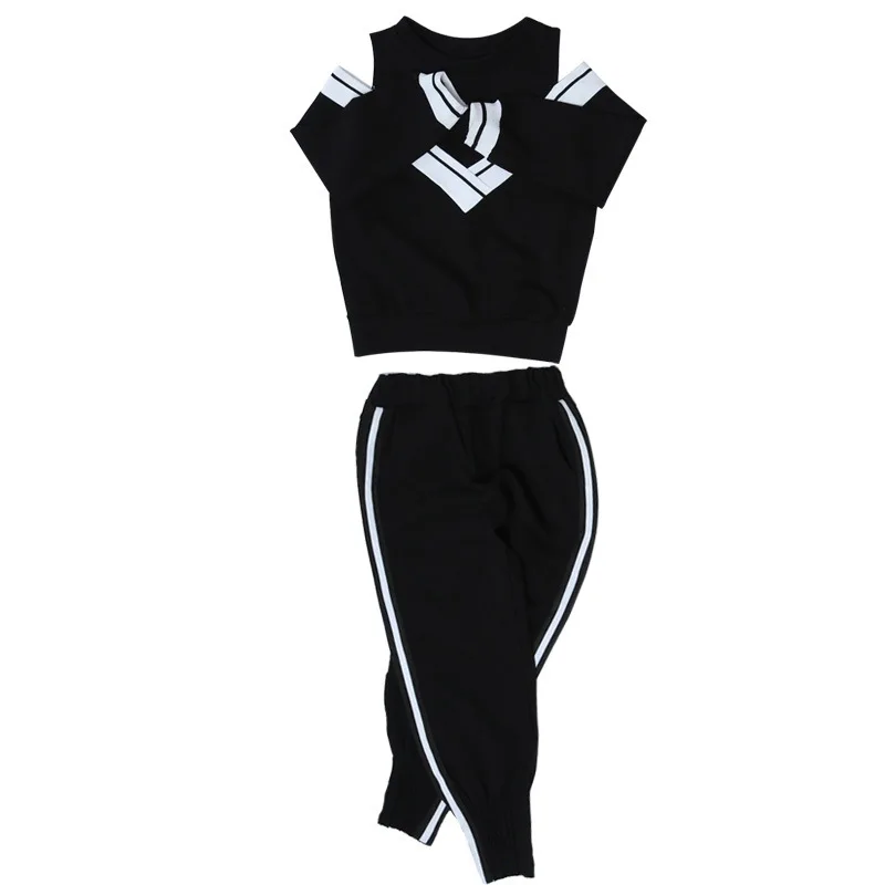 2019 модные спортивные костюмы для больших девочек с открытыми плечами черно белый