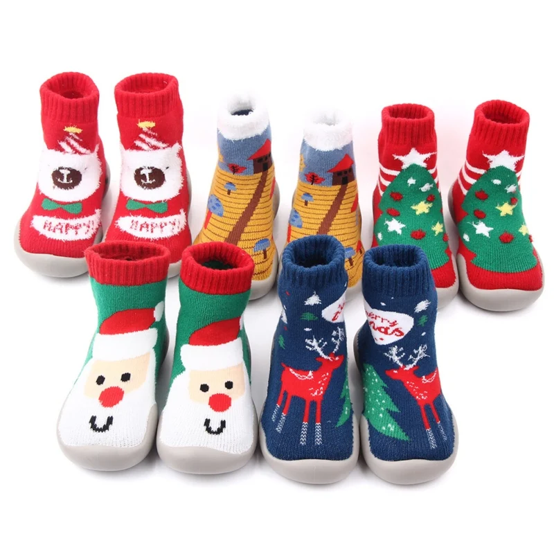 

Autumn Winter Newborn Baby Boys Girls Cotton Christmas Style Shoes Cute Cartoon Pattern Warm Anti-Slip Floor Walking Shoes