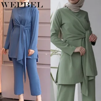 

WEPBEL Muslim Solid Color Two-Piece Suit Arab Women's Casual Bandage Long Sleeve O-Neck Top + High Waist Ankle-Length Pants Suit