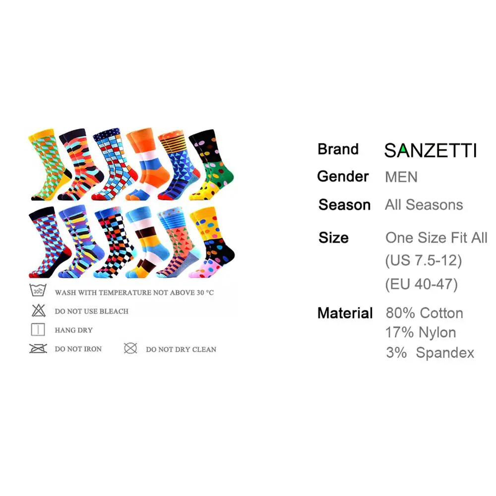 SANZETTI/12 пар/партия, мужские цветные забавные носки из чесаного хлопка, высококачественные носки в уличном стиле, подарок, носки Happpy