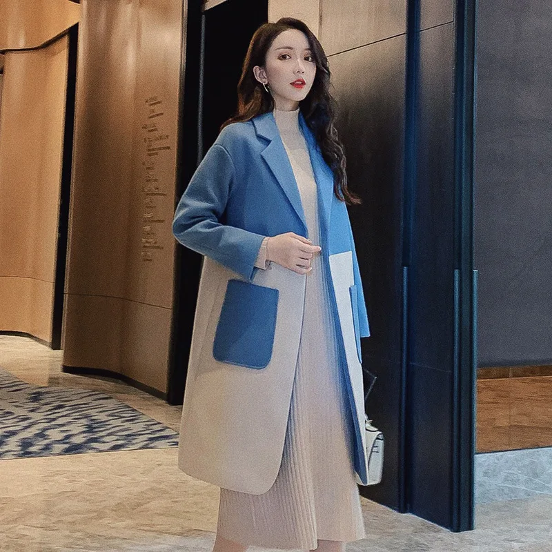 

New Autumn Winter Korean Ofiice Lady Overcoat Women's Patchwork Wool Blends Coat Jacket Long Elegant Jackets Fashion Coats Tops