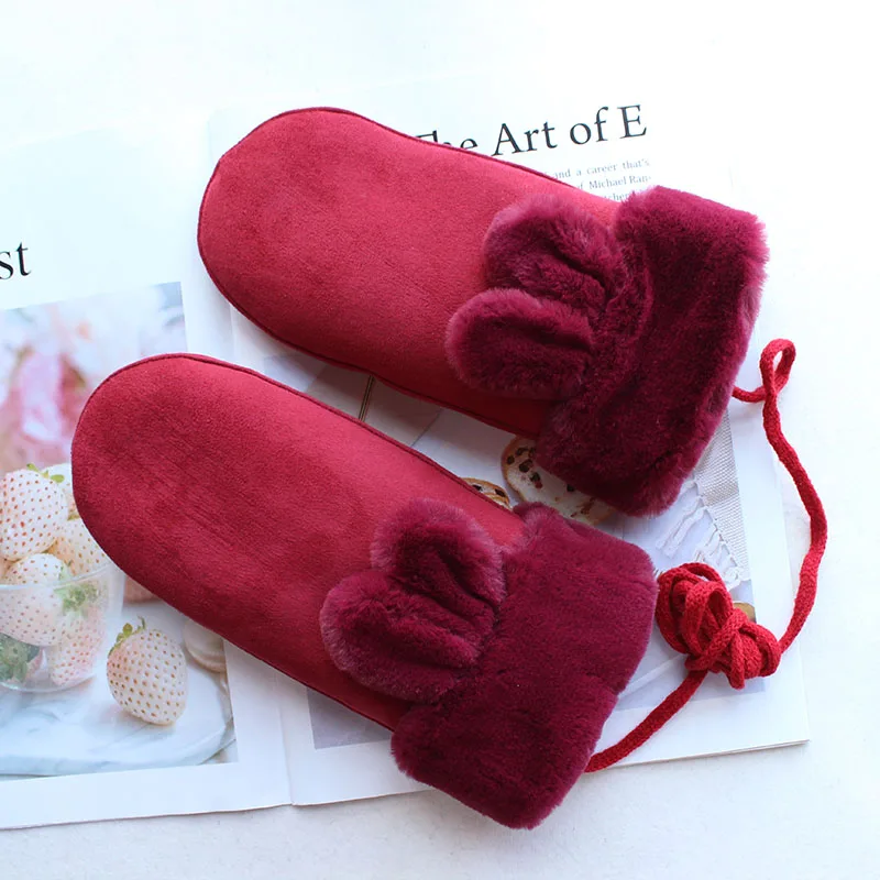 Winter Warm Suede Knitted Mittens Women's Color Plus Velvet Thickening Outdoor Windproof and Cold-Proof Girl Student Gloves