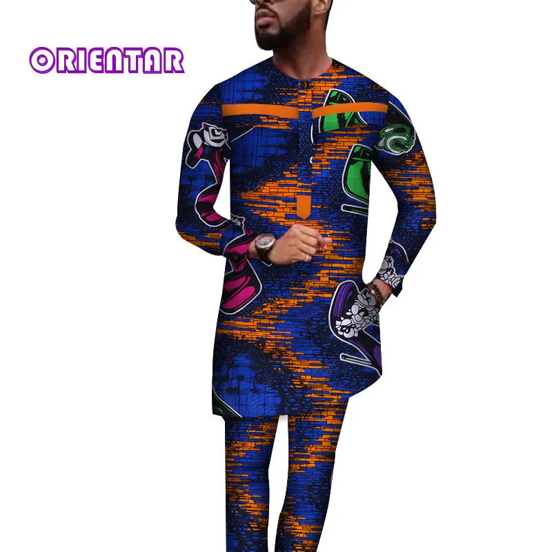 Повседневная мужская африканская одежда топы и штаны Африканский принт длинная рубашка макси платье брюки 2 шт набор для мужчин Дашики WYN586 - Цвет: 3