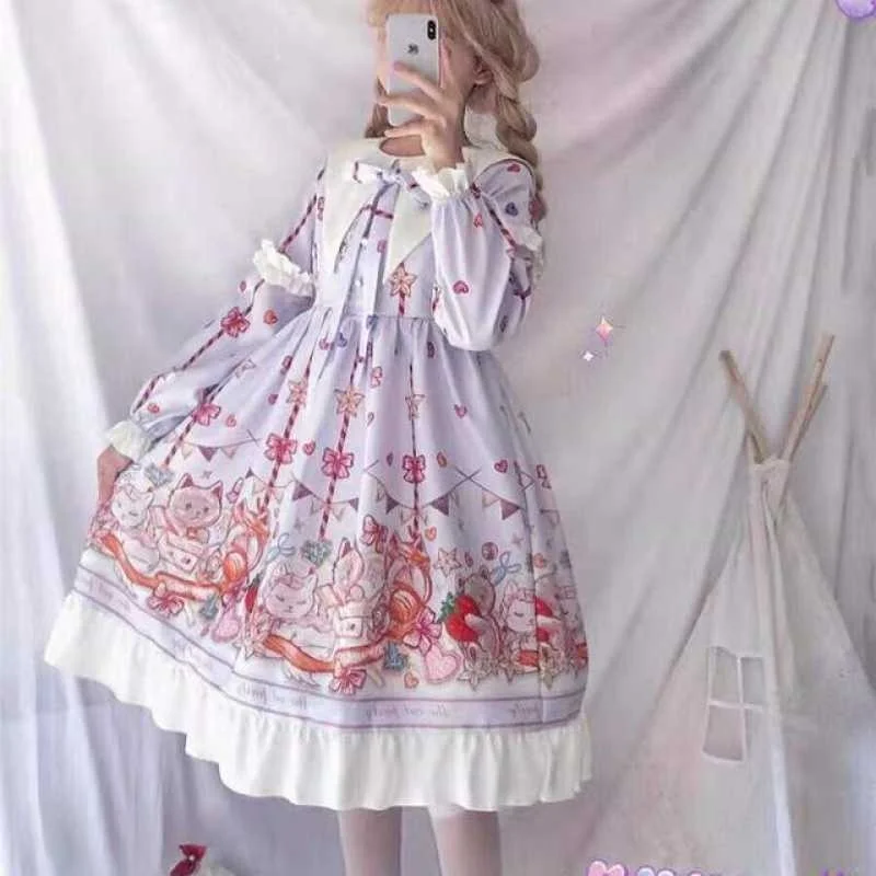 

Hstar Cute Women's Lolita OP Dress Flouncing Lace Trim Japanese Harajuku Long Sleeves Doll Dress Fairy Vestidos