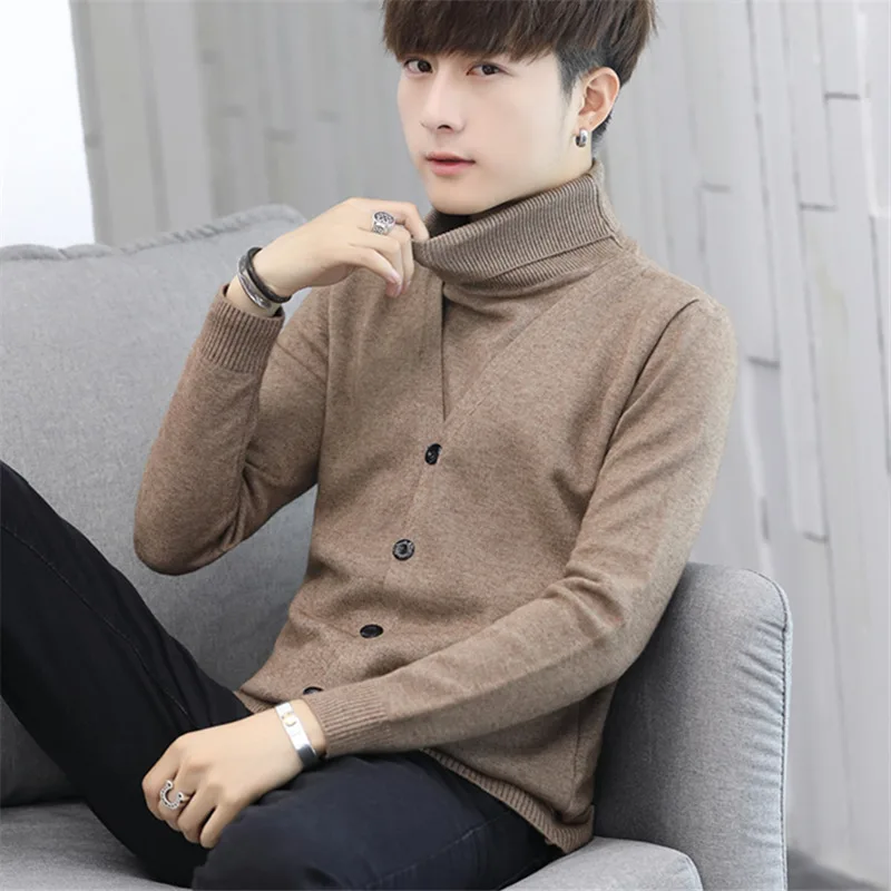 

Fall and Winter 2019 New High-collar Sweater Men's Korean Edition Fashion Fake Two Knitted Handsome Bottom Blouses Winter Top