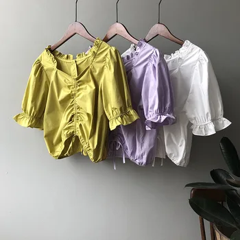 

2020 Summer Ruffles Cotton Blouse Women Square Collar Short Sleeve Drawstring Pullover Korean Style Streetwear Solid Pullover