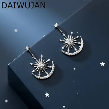

DAIWUJAN Korean 925 Sterling Silver Luxury Crystal Star Moon Pendant Earrings Zircon Snowflake Drop Earrings Women Party Jewelry