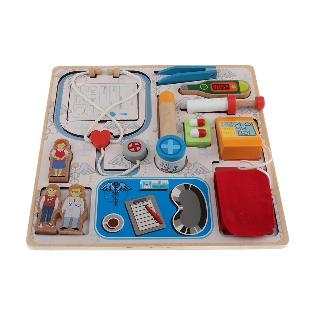 Wooden Play Medical Kits Doctor Tools Set, Shape Sorting Puzzle, Children Day Gift, DIY Pretend Role Play