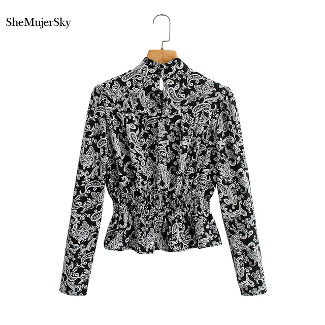 SheMujerSky Women Vintage Print Black Blouses O-neck Long Sleeve Elastic Waist Tops 2021 Shirts 2