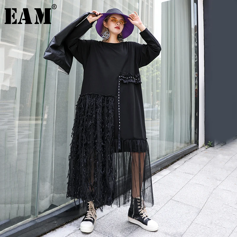 

[EAM] Women Black Mesh Spliced Asymmetric Rivet Dress New Round Neck Long Sleeve Loose Fit Fashion Tide Spring Autumn 2019 1A913