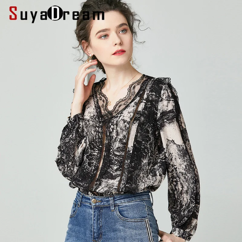 SuyaDream женские модные блузки с принтом 100% шелк креп 2020 весна черный цвет длинный