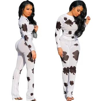 

Outfits 2020 Autumn Winter Women's Suit White Print 0-Neck Long Sleeve Top Sweatshirt + Long Pant 2 Piece Set