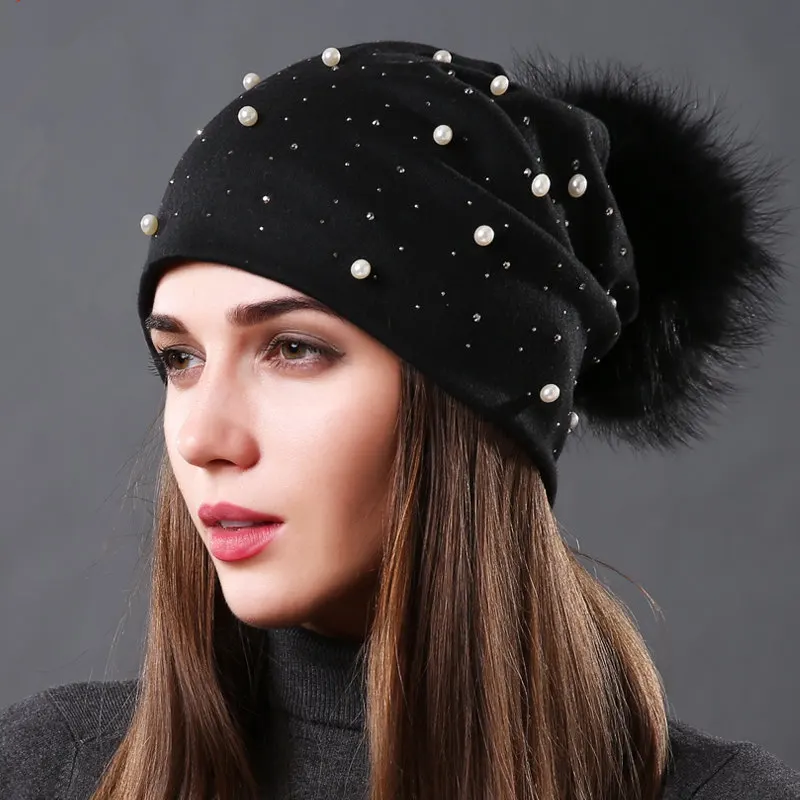 New Women's Pearls Beanies Winter Causal Solid Rhinestone Pearl Slouchy Beanies Hat with Raccoon Fur Pompom Femme Black Cap