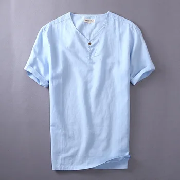 

Cotton Linen T Shirt Men V-Neck Short Sleeve T-Shirt Casual High Quality Tees Tops Y1923