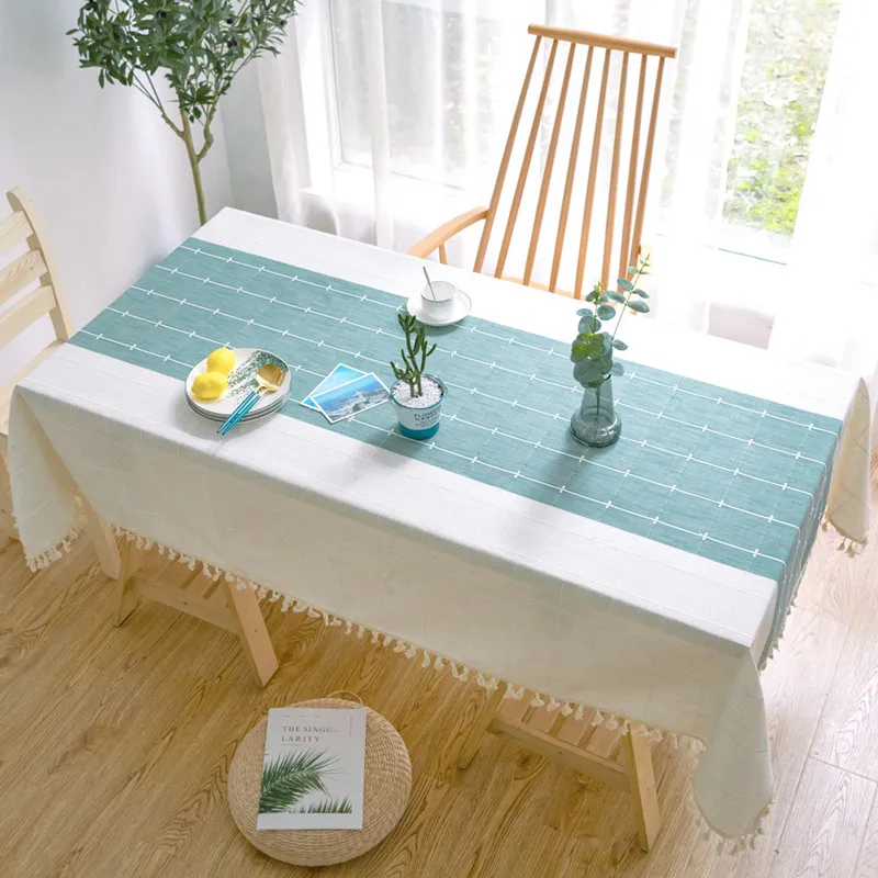  Creative Plaid Decorative Linen Tablecloth With Tassel Waterproof Oilproof Thicken Rectangular Wedd