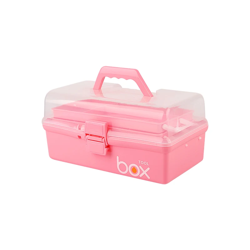DINIWELL трехуровневая медицинская коробка, аптечка, Пластиковая Складная медицинская коробка, сундук-органайзер для макияжа, канцелярские ящики для хранения - Цвет: Розовый