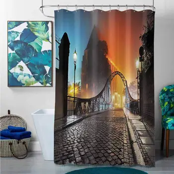 

Shower Curtains Under 20.00 Apartment Decor,Modern City Bridge at Night with Mystical Lights Illumination Sightseeing Urban