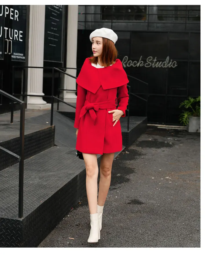 Новое шерстяное пальто Женская длинная куртка красная куртка женская верхняя одежда осень-зима модный пояс тонкая шерстяная Женская куртка