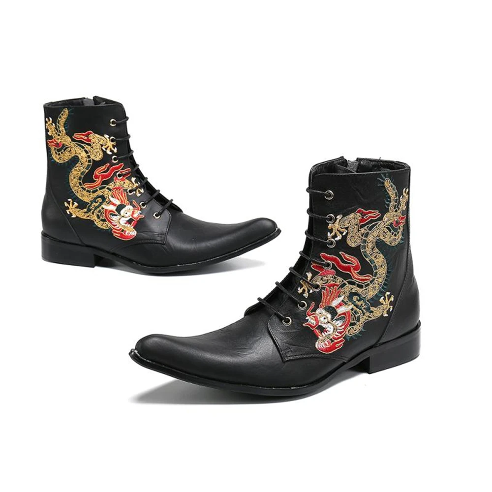Men Genuine Leather Ankle Boots Luxury Embroidery Serpentine Pointed Toe Designer Botas for Man Zipper Short Chelsea Boots