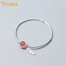Trusta 925 Твердые Настоящее Стерлинговое Серебро клубника, серебряного цвета с кристальной платформой перо с вставку внутрь эластичного ремешка подросток Для женщин Модные украшения DS1010