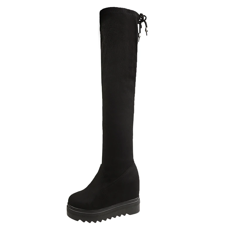 Black Nice Wedge Platform Over The Knee Boots Women Slim Thigh High Boots Women Winter Long Booties Ladies Black - Color: Black