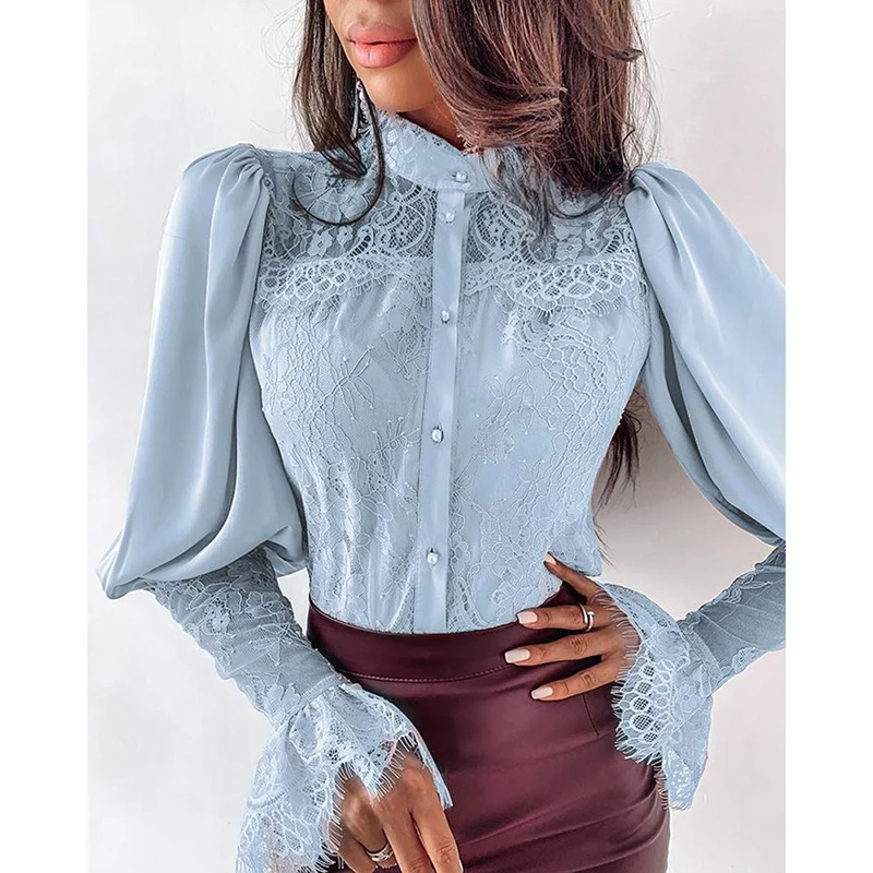 Розовая кружевная Лоскутная Женская Повседневная Элегантная универсальная тонкая рубашка с расклешенными рукавами Женская Сексуальная Блузка хараджуку Топы SJ4765M