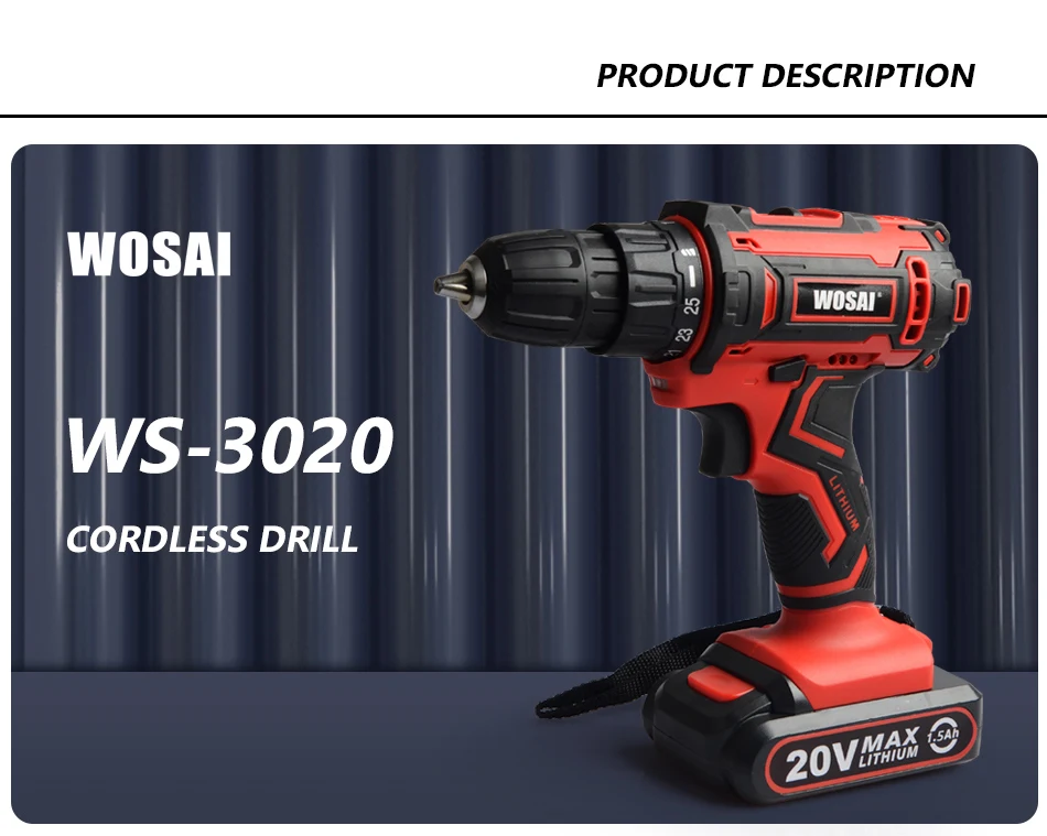 WOSAI 20V Аккумуляторная дрель электрическая отвертка Мини Беспроводной Мощность драйвер постоянного тока литий-ионный Батарея 3/8-дюймов 2 Скорость 4,8