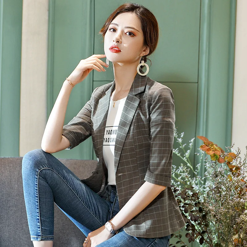 

Plaid Suit Jacket Women's South Korea 2019 New Style Spring Clothing Fashion British Style Wear Casual Half-sleeve Shirt Suit