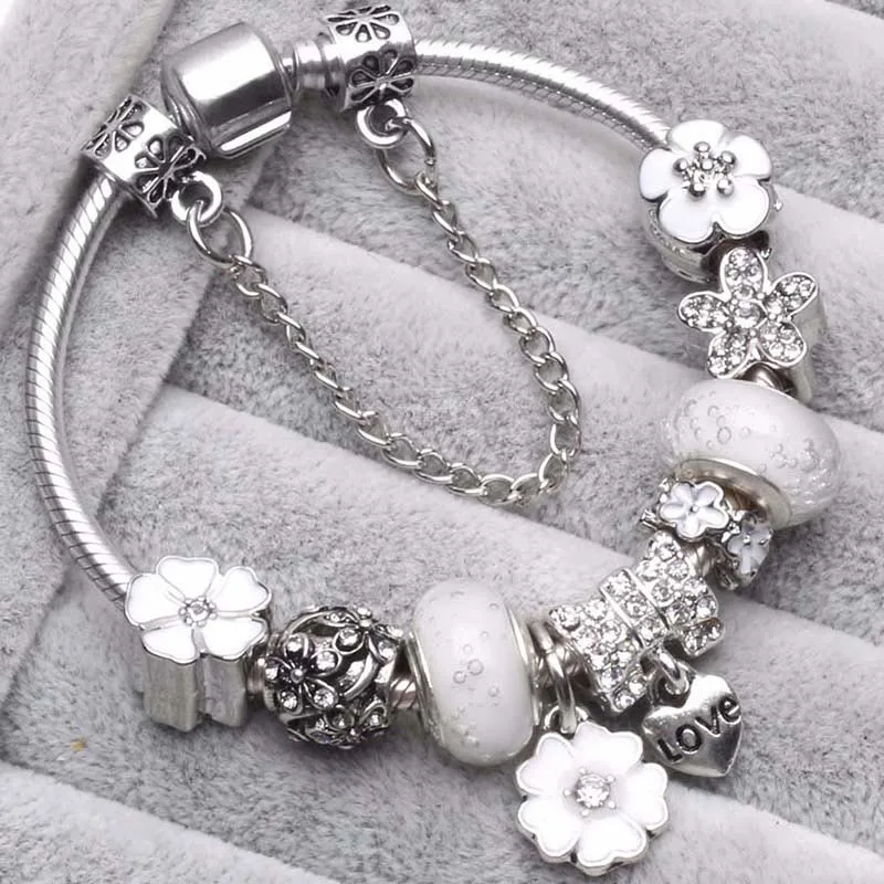 Vintage Silver Color Charm Bracelets For Women Wife DIY Crystal