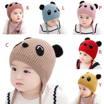 

Baby Infant Winter Warm Cap Baby Hats Cute Kids Girls Boys Cartoon Ear Design Hats Knitted Wool Hemming Caps