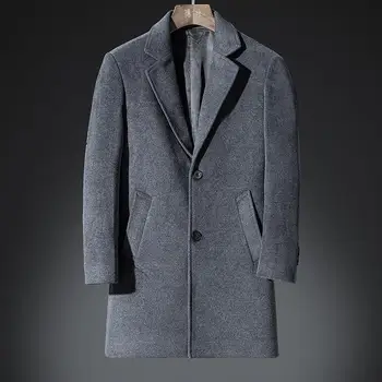 

Dhfinery Winter Wool Coat Men Long Sections Lapel 30 %Woolen Coats Black Gray Business Overcoat Mens Windbreaker Jacket 6604