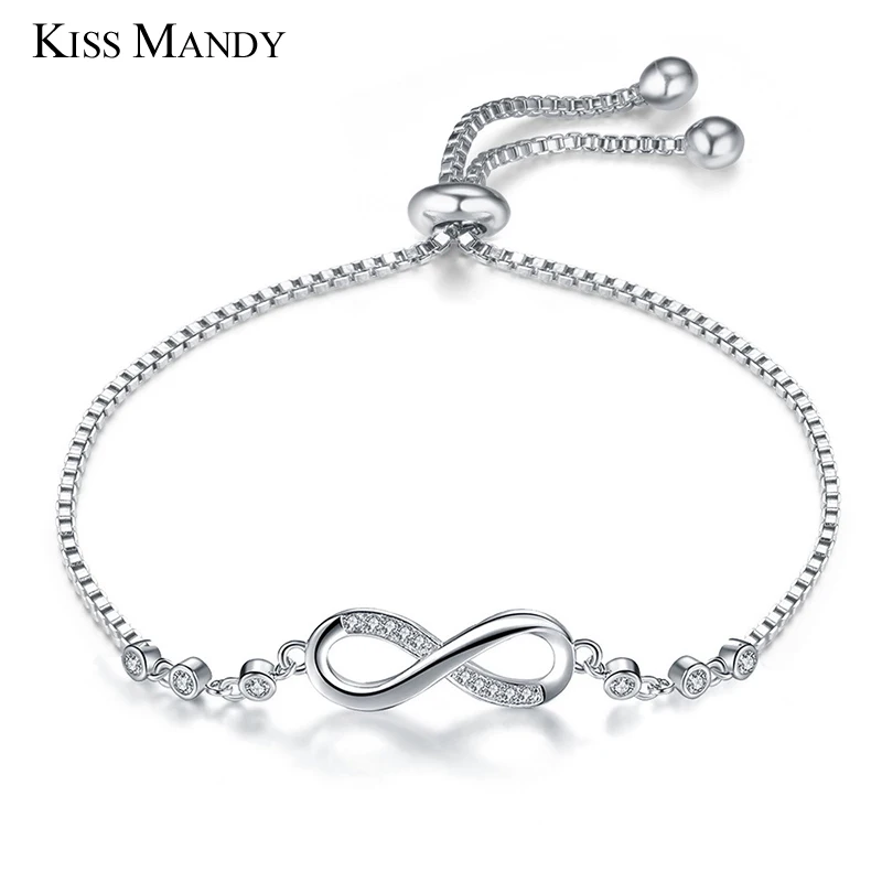 

KISS MANDY Romantic Silver Infinity Crystal Wedding Women Bracelet Charm Wrist Bangles Fashion Korean Jewelry Accessories KLB04