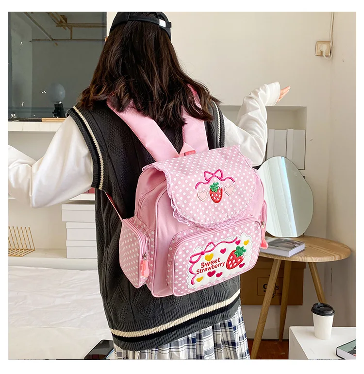 New Japanese Style Cartoon Strawberry Embroidery Schoolbag Student Girls Lolita Lace Backpack