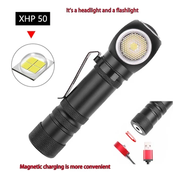 

Magnetic charging corner flashlight headlight flashlight dual-purpose XHP50 LED pocket light liberation hands hiking light