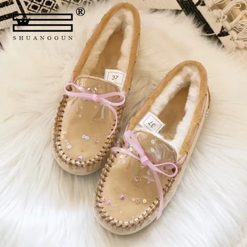 

Wool sheepskin Genuine Leather Loafers Real Fur Winter Classic Flats For Women's Winter Shoes Premium transparent rubber upper